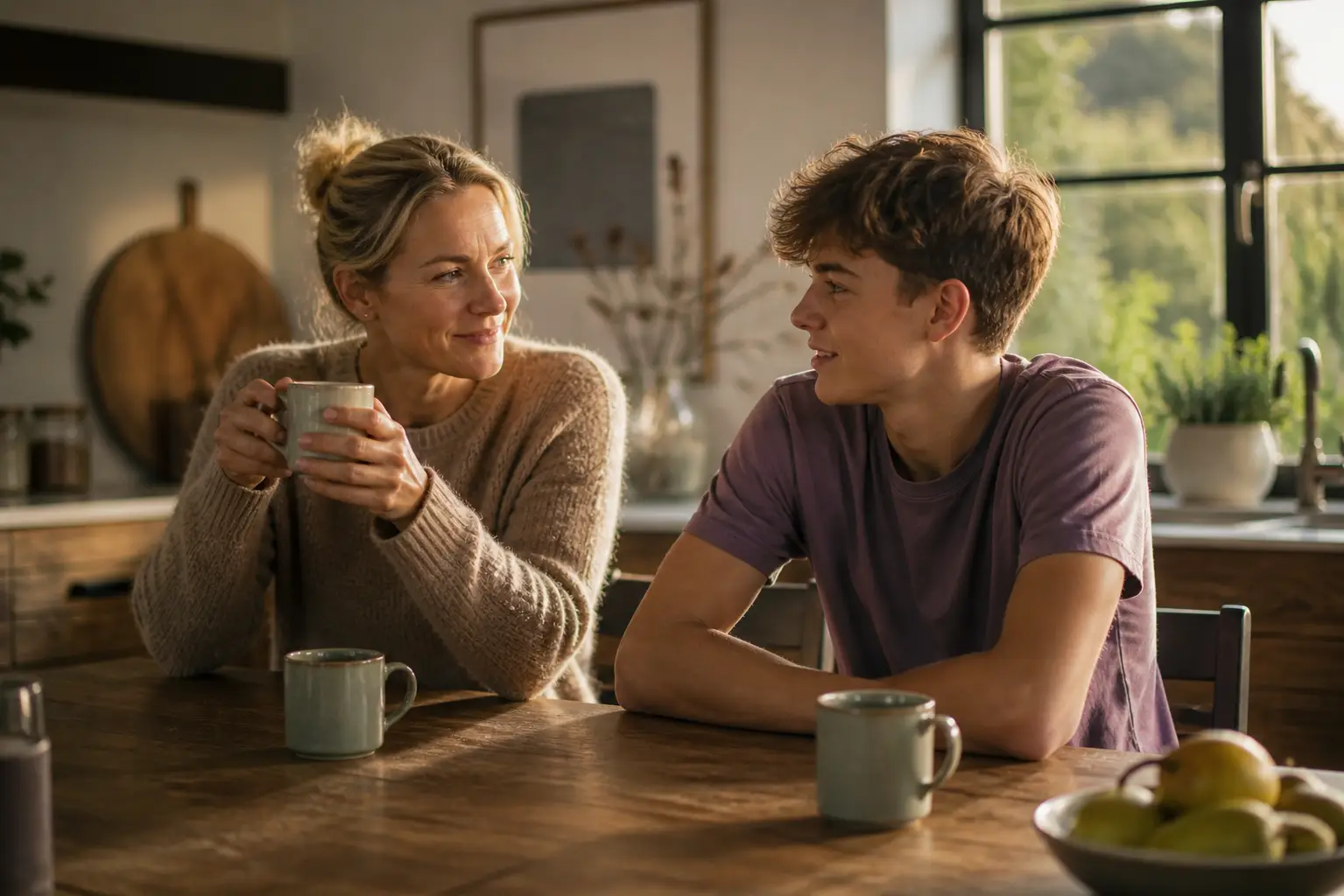 A parent and teenager sharing a calm, connected moment at home